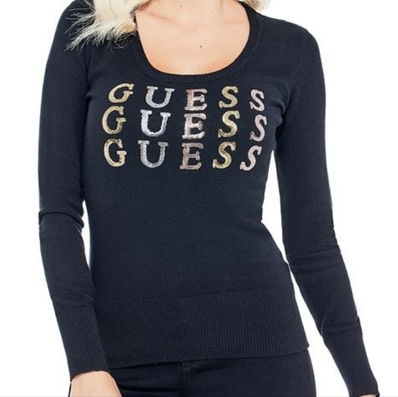 Guess Sweaters - GUESS Womens Sweater Size XL Logo Embellished Long Sleeve Black